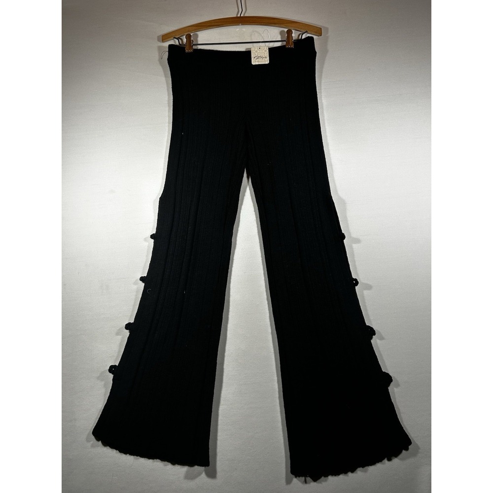 Free People Beach Pants Womens Large Black Cotton Ribbed Flare Coastal Boho